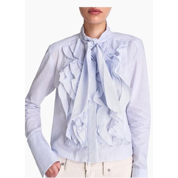 TWP Tops - TWP Patti Tie Neck Ruffle Shirt in White Indigo XXS